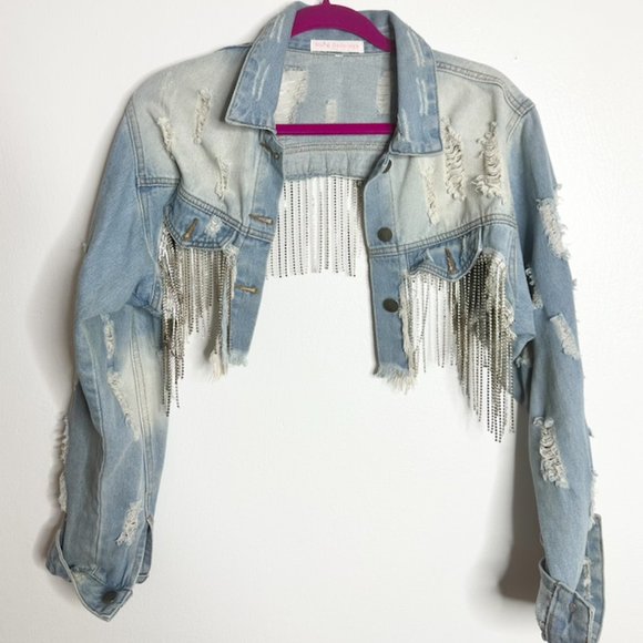 Denim Crop Top Jacket with Rhinestone Fringe - Sparkle & Style - Picture 1 of 2